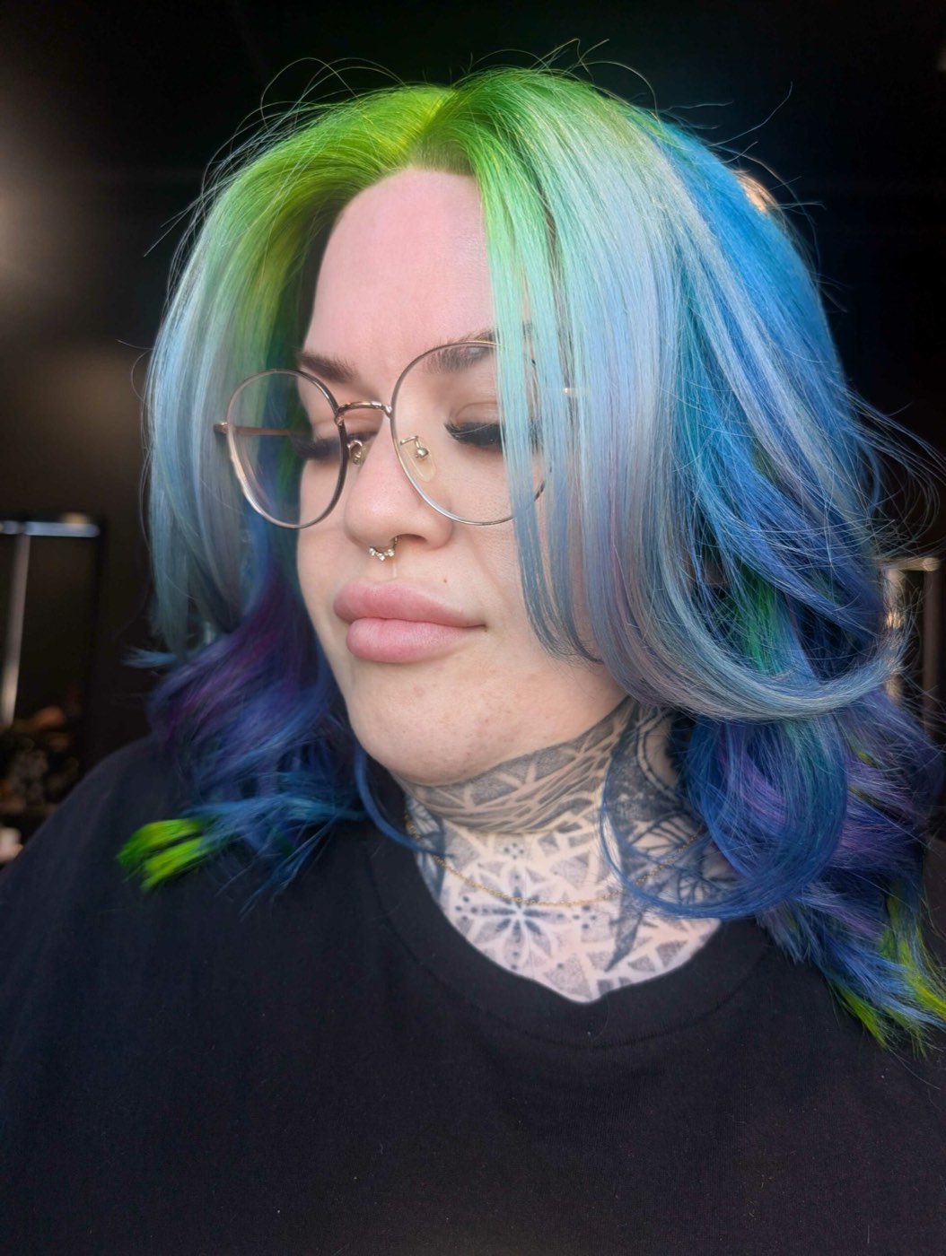 Creative colour by The Collective Hair Spa — blue, green and lilac blended colour melt